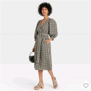 Target A New Day Dress 3/4 Puff Sleeve Black/ White Plaid Wrap Black & C…